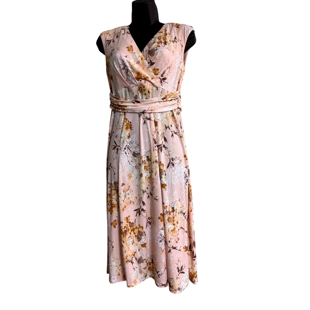 Perceptions Petite Peach Floral Faux Wrap Sleeveless Midi Dress PS Womens